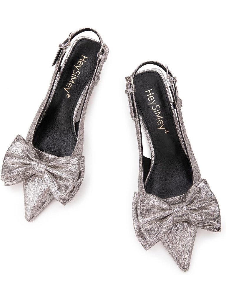 Women’s Silver Bow Pointed Toe Pumps Mid Low Pull-On Slingback Heels